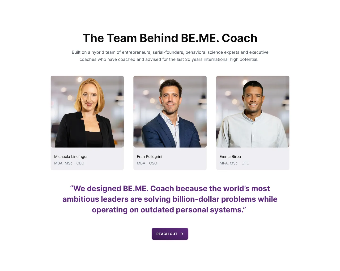 BE.ME AI marketing site, meet-the-team section
