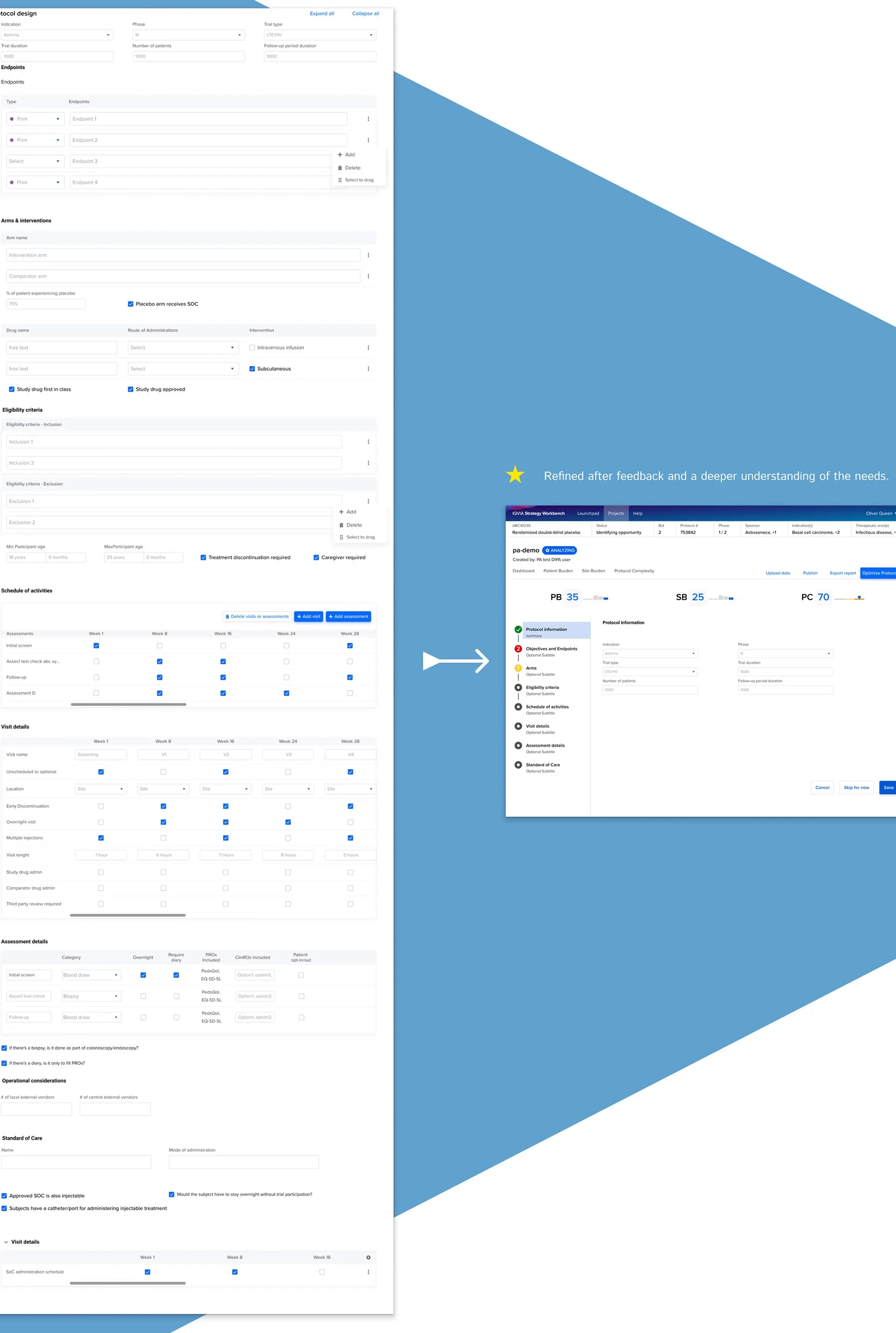 A dense multi-section protocol form simplified into a guided step-by-step flow