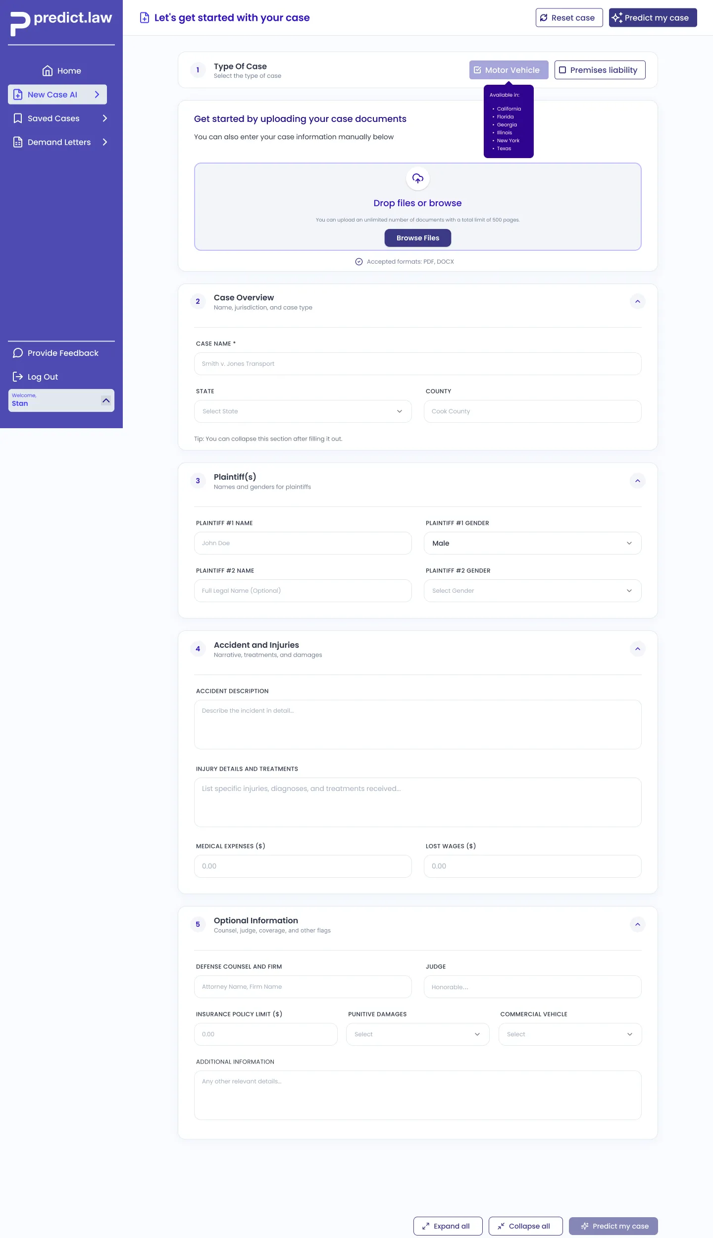 Step-by-step form for filling in a new case's details