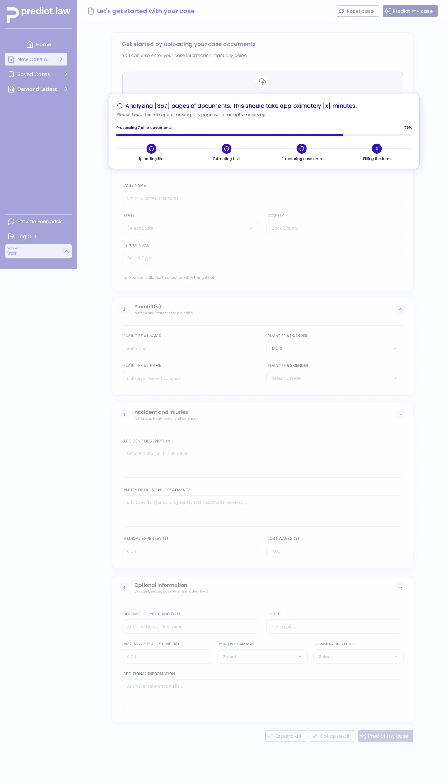 The AI parsing uploaded documents and auto-filling the case form