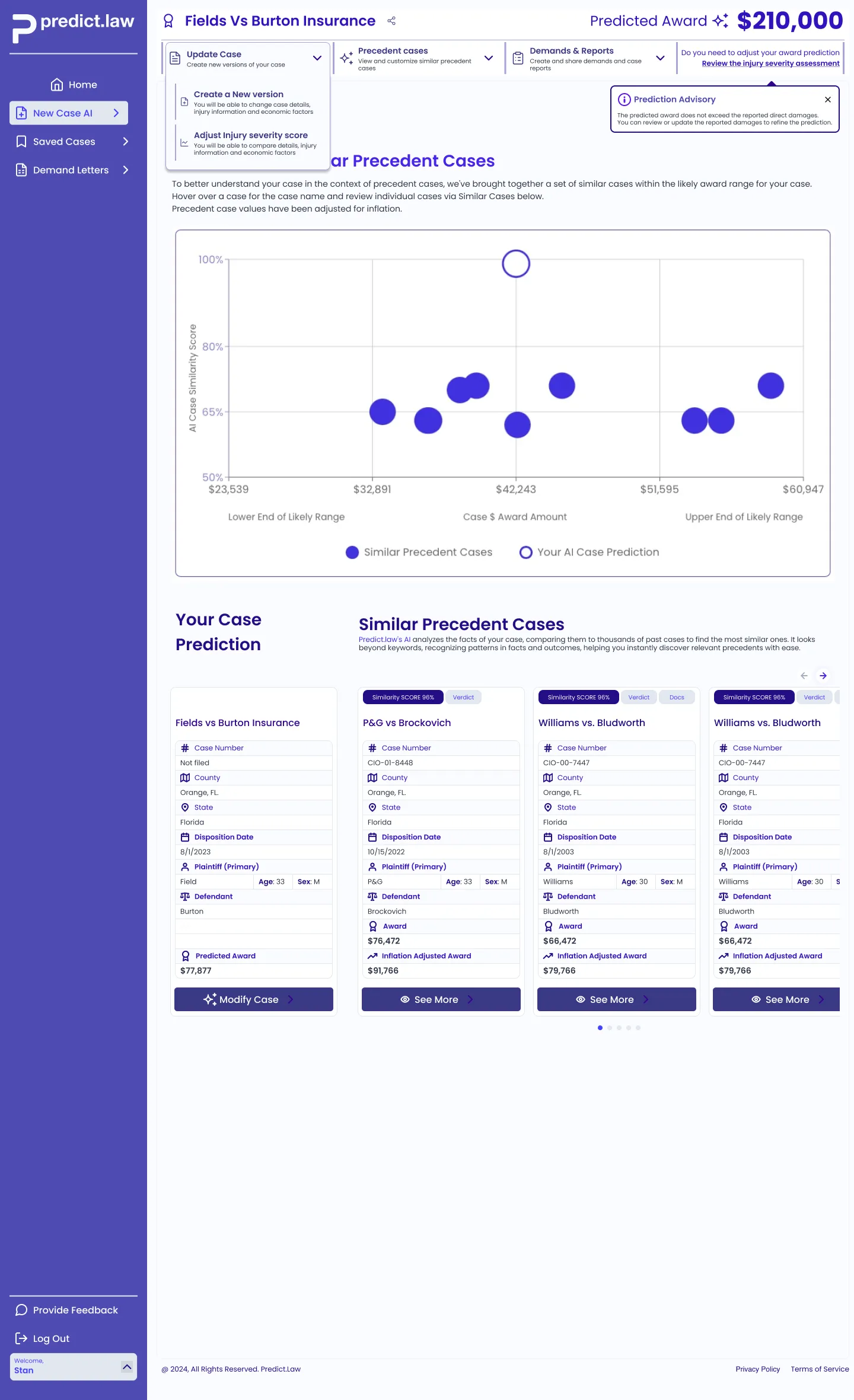 Full case detail view with predicted award and similar precedent cases